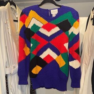 Vintage 80’s Christine Rabbit Fur Multicolor Geometric Sweater
